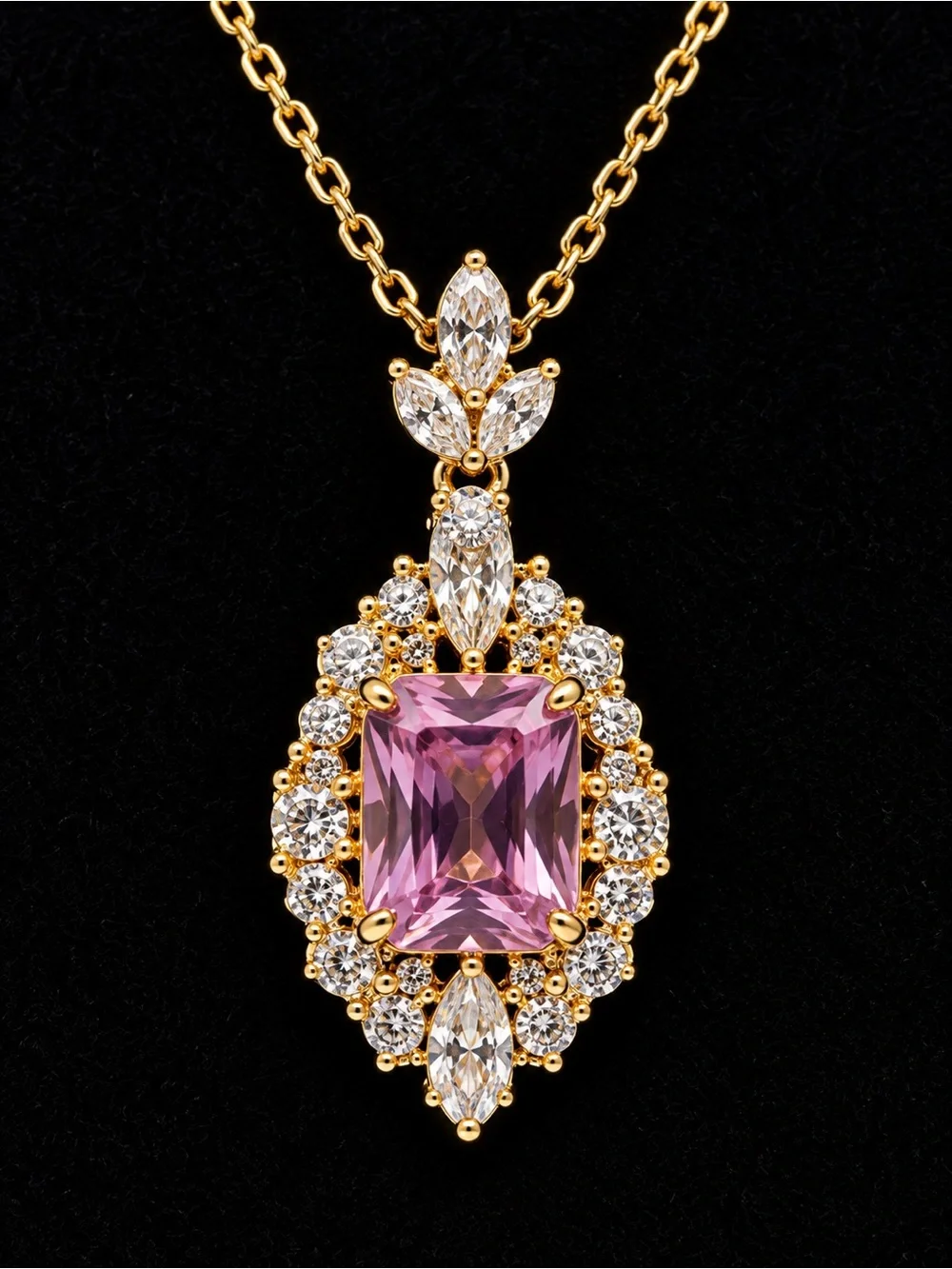 Gold Pendant Necklace with Pink Center Stone and Sparkling Accents
